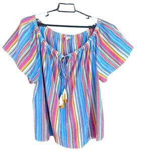 Seven7 Vertical Striped Tassel Blouse Womens Plus Size 2X XXL Multicolor Boho